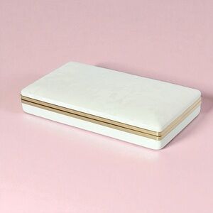 Vintage Mele Mid Century Travel Jewelry Box – White Jacquard Vinyl Blue Interior